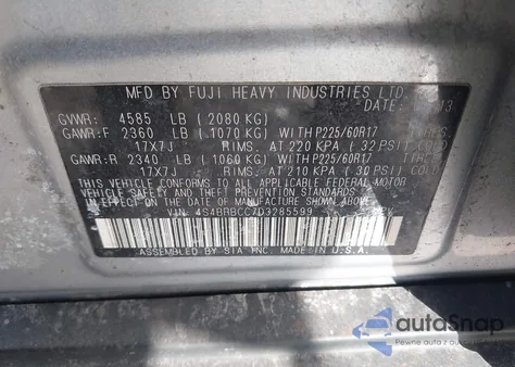 2013 Subaru Outback 2.5I Premium from USA, damaged, VIN 4S4BRBCC7D3285599